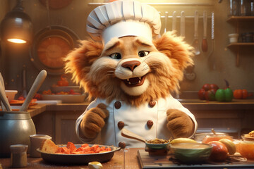 illustration of 3D character of lion chef cooking in the kitchen