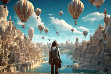 Woman looking at fantasy landscape and hot air balloons flying in the sky, Experience different...