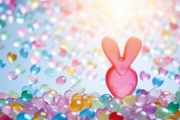 Colored glass, pebbles, and marmalades are scattered on the table. confetti light background. isomalt rabbit. banner with a blank background on the right. glass figurine. Easter background