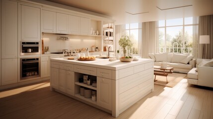 Fototapeta na wymiar Interior design which including kitchen Create with shades of light cream color. Generative AI.
