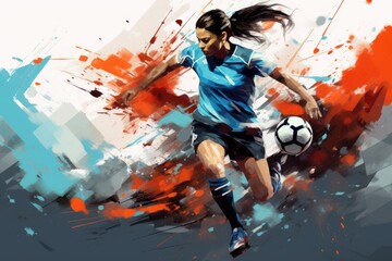 Digital illustration of a soccer player jumping with the ball against a grunge background, Expressive abstract illustration of a female soccer player in action, AI Generated - obrazy, fototapety, plakaty