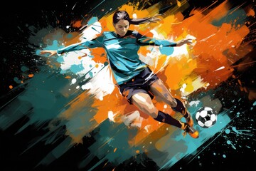 Digital illustration of a soccer player kicking the ball against a grunge background, Expressive abstract illustration of a female soccer player in action, AI Generated - obrazy, fototapety, plakaty