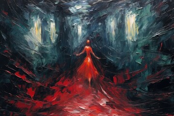 abstract background, oil painting on canvas, black and red color, Expressionist depiction of a stormy night with a woman in a red dress in a room or station hallway expressing desire, AI Generated