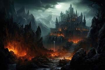 Fantasy landscape with spooky castle in the middle of the forest, Fantasy Landscape Game Art, AI...