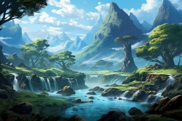 Fantasy landscape with a waterfall, trees and mountains in the background, Fantasy Landscape Game Art, AI Generated - obrazy, fototapety, plakaty