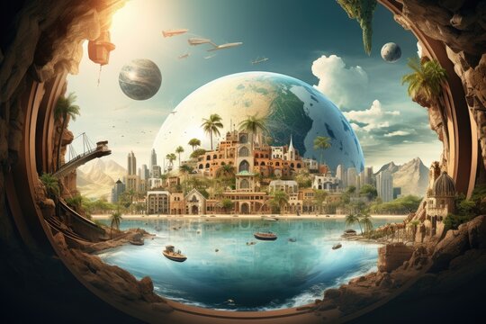 Fantasy landscape with planet earth. 3d illustration. Elements of this image furnished by NASA, Experience different travel destinations from a human rear view perspective, AI Generated