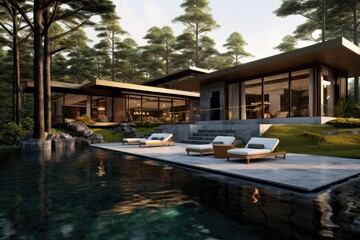 Fototapeta premium Luxury villa with swimming pool and garden at dusk, Forest Inviting Retreat, a contemporary residence luxury villa with a large swimming pool, AI Generated