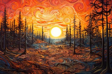 Sunset in the forest. Colorful illustration for your design, Forest landscape with a swirling orange sky, an empty colorful background, resembling a Van Gogh style painting, AI Generated
