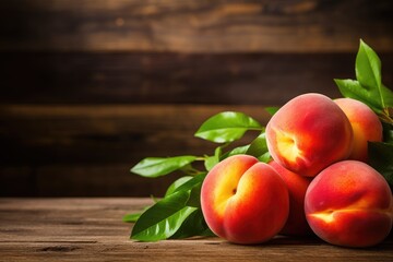 Fresh peaches with leaves on wooden background. Selective focus, Fresh peaches on a wood background, AI Generated