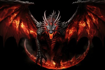 Dragon with fire on black background. 3D illustration. Fantasy dragon, Full-length portrayal of an angry red dragon with big wings and fire against a black background, AI Generated - obrazy, fototapety, plakaty