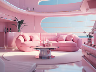Pink interior design of modern cruise ship yacht with living room with pink sofa and sea view - obrazy, fototapety, plakaty