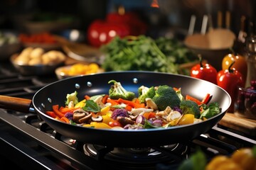 A modern kitchen with a wok on a gas stove, Surrounded by an array of colorful fresh vegetables. Generative AI.