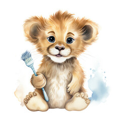 Baby lion bedtime wearing pajama and holding tooth brush Illustration, Generative Ai