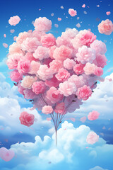 Fototapeta premium Illustration of a vibrant bouquet of pink roses floating among clouds with heart shapes on a pastel blue background, ideal for Valentine's Day.