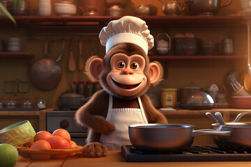3D character illustration of monkey chef cooking in the kitchen - obrazy, fototapety, plakaty