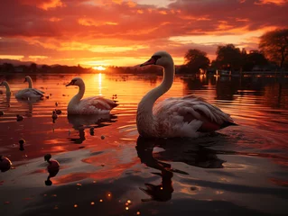 Gordijnen swans on sunset on the lake © lichaoshu