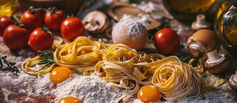 Various uncooked pasta types alongside eggs, flour, tomatoes, mushrooms, and olive oil.