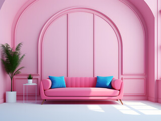 Interior of modern living room with pink walls, blue and pink sofa and coffee table. 3d rendering