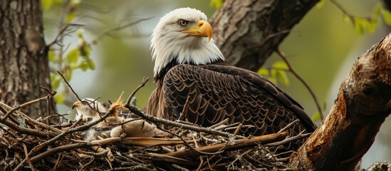 A Bald Eagle resting on a fresh nest in a growing tree. - obrazy, fototapety, plakaty