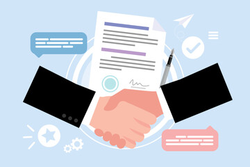 Business people shaking hand in front of a signed contract, partnership concept, handshake, document signing. Successful contract, contract, Cooperation, Business concept Vector illustration.