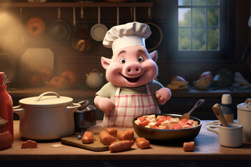 3D character illustration of pig chef cooking in the kitchen - obrazy, fototapety, plakaty