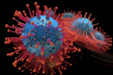 Porcine circovirus 2 depicted in 3D cartoon and gaussian surface models using pdb 3r0r and entity id color scheme. Generative AI