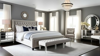A glamorous and chic master bedroom that showcases a stunning upholstered bed, crystal chandeliers, and mirrored furniture.