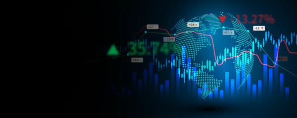 Background image of technology, financial graphs, stock markets on a global network.