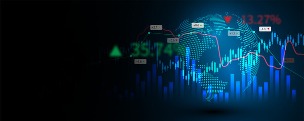 Background image of technology, financial graphs, stock markets on a global network.