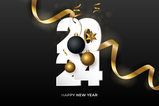 Happy New Year 2024 background with golden wavy ribbon.