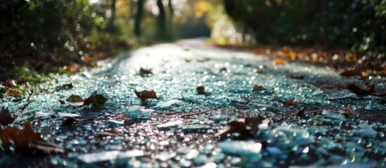 Vandalism damages cycle path with broken glass.