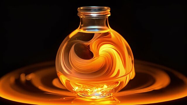 A captivating closeup of a small glass flask filled with a clear liquid, inside of which lies a single bubble surrounded by swirling light. This is the fascinating result of sonoluminescence,
