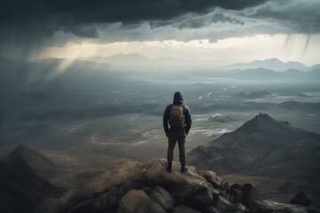 An adventurer standing atop a peak with a storm closing in. Generative AI