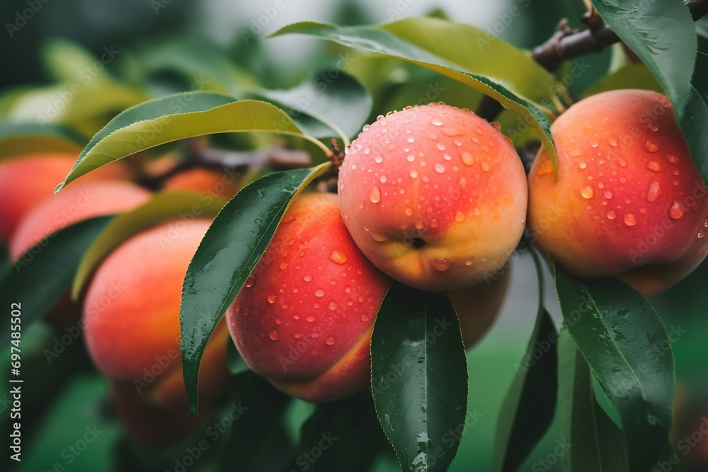 Poster Generative AI : Ripe peach close-up with peach orchard in the background.