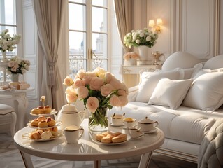 Generative AI : white elegant hotel luxury room parisian vibes, with a breakfast on the bed
