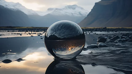 Peel and stick wall murals Reflection A huge crystal glass ball on a lake between mountains, with the scenery reflected in the ball