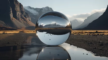 Aluminium Prints Reflection A huge crystal glass ball on a lake between mountains, with the scenery reflected in the ball