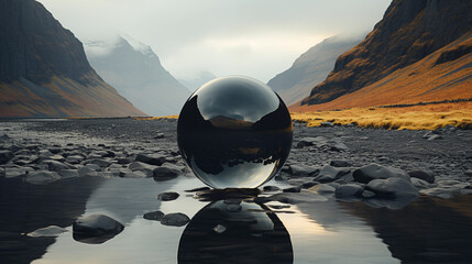 A huge crystal glass ball on a lake between mountains, with the scenery reflected in the ball