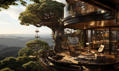 The exterior of a futuristic design hotel on the top of a forest mountain