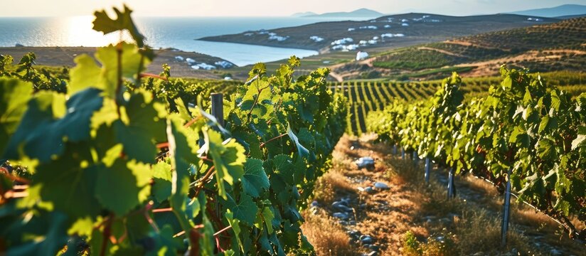 Scenic grape vines on Paros, Greece with ocean vista.