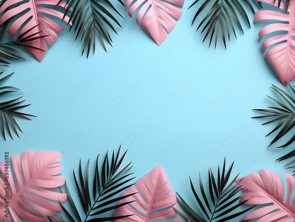 Poster generative ai : top view of tropical leaves and leaf shadows on pink and blue pastel color backgroun