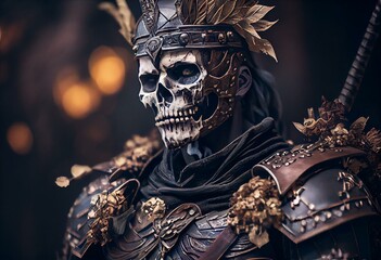 Undead soldier with skeletal appearance and armor. Generative AI