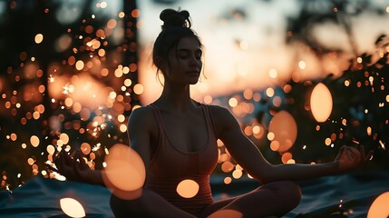 Generative AI : yoga woman sitting in yoga pose meditating with sparklers in the background - Powered by Adobe
