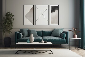Empty frame in modern living room with charcoal sofa, glass table, teal accents, and warm gray tones. Generative AI
