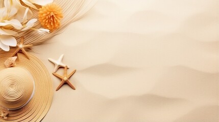 Free space for text .Beach accessories are lined up on the sand, flat lay.