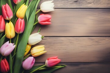 Generative AI : beautiful tulips on wooden background