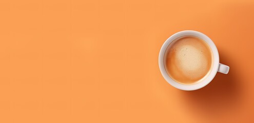 cup of coffee photographed from above on orange background. generative AI - obrazy, fototapety, plakaty