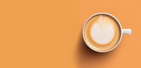 cup of coffee photographed from above on orange background. generative AI