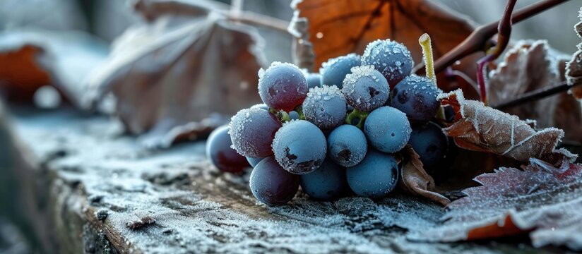 Frozen grape vine and bunch after frost.