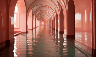 Obraz na płótnie Canvas pink building walkway over water